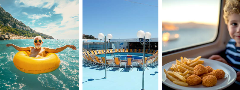 Corsica Ferries: cubierta exterior con piscina a bordo de uno de los Mega Express en la ruta hacia Ajaccio (C&oacute;rcega) desde el sur de Francia