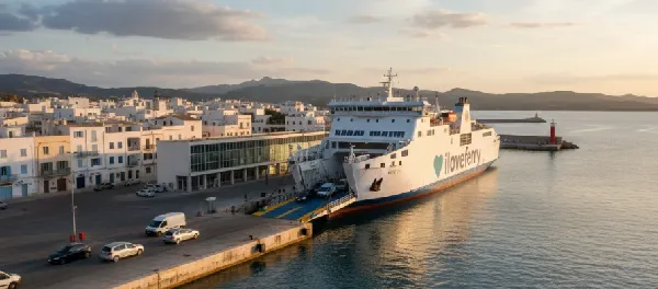 Vista del puerto de Ciutadella (Son Blanc) y zona de embarque de ferris